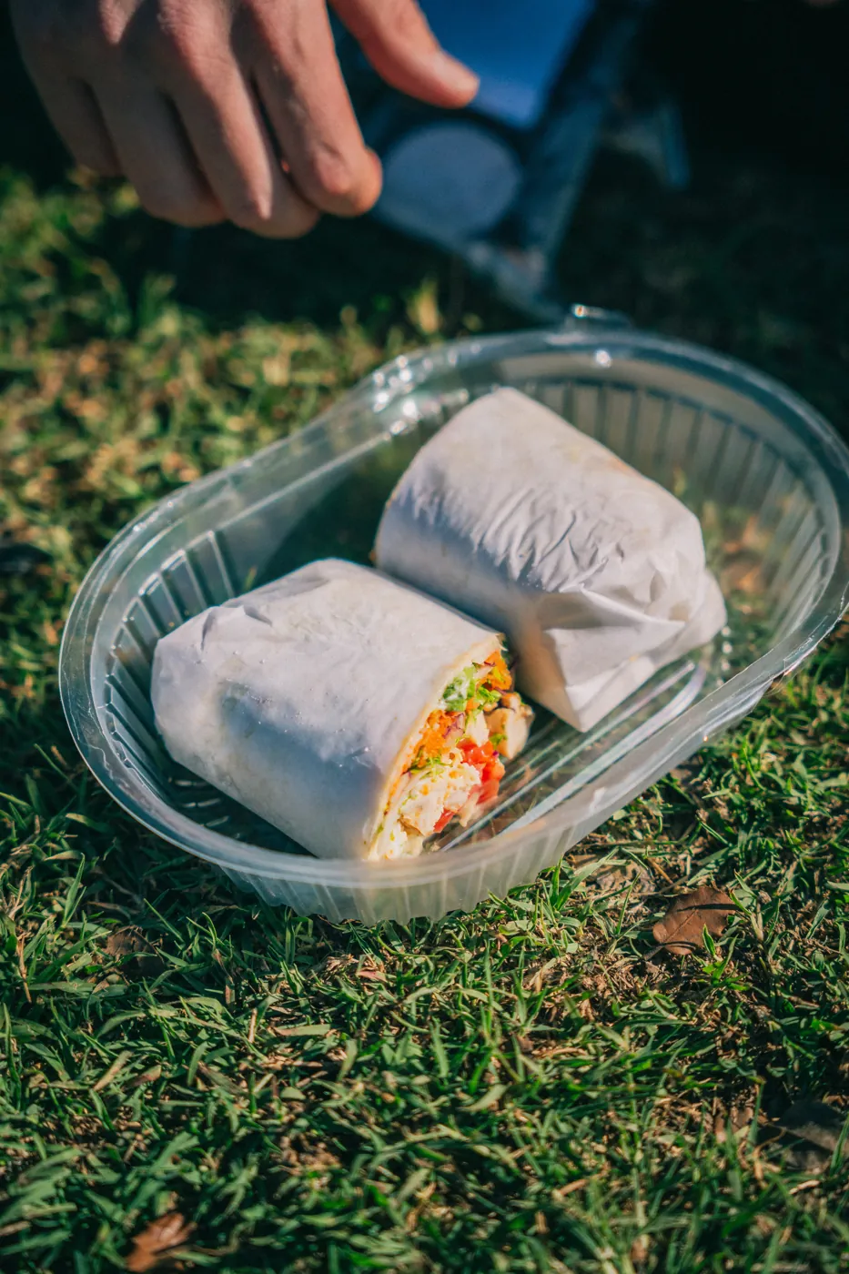 Dos wraps en su envase para llevar, sobre el pasto