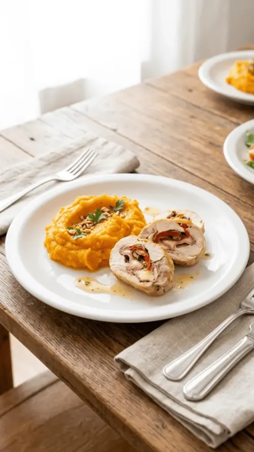 Arrollado de pollo con puré de calabaza