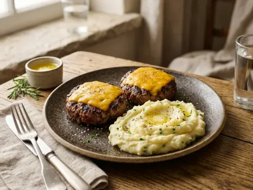 Hamburguesa con queso y puré de papas