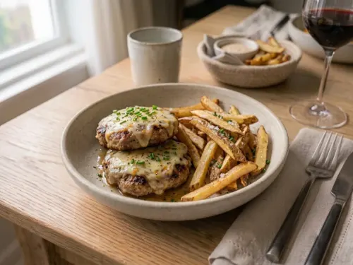 Hamburguesas de cerdo con queso y papas fritas