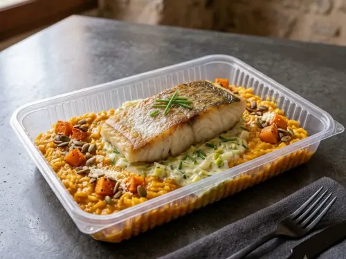 Merluza a la crema de puerros con risotto de calabaza