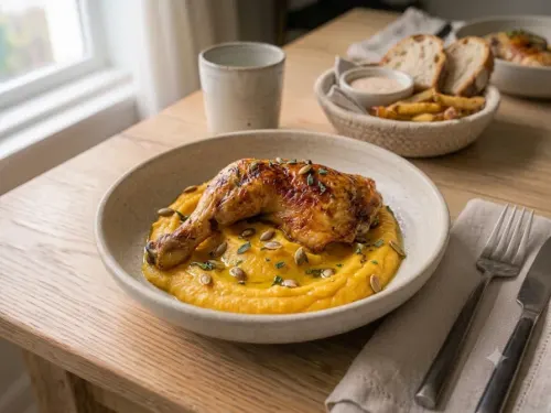 Pata muslo con puré de calabaza