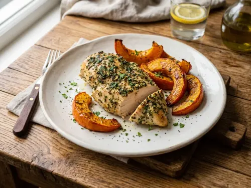 Pechuga a las finas hierbas con calabazas al horno