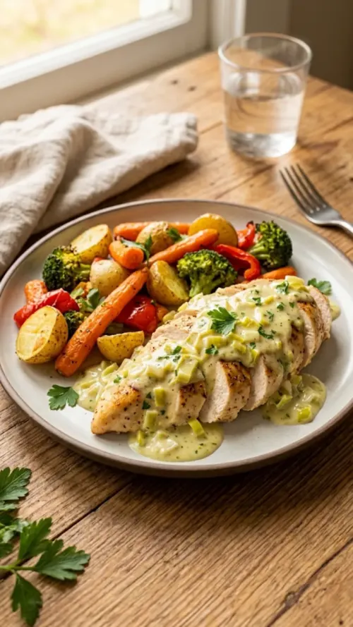 Pechuga con crema de puerros y vegetales al horno
