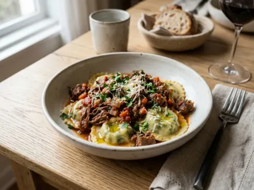 Ravioles de verdura y espinaca con estofado de carne
