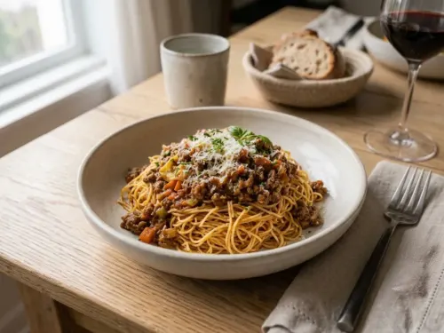 Tallarines al huevo con bolognesa