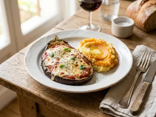Berenjena a la pizza con puré mixto