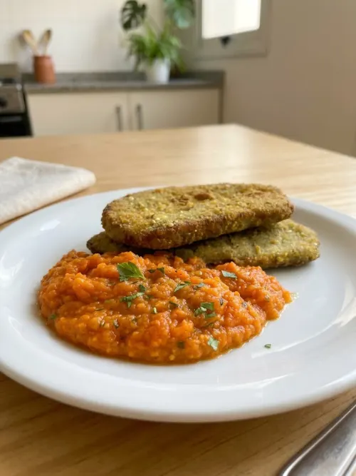 Milanesas de berenjena con puré de zanahorias