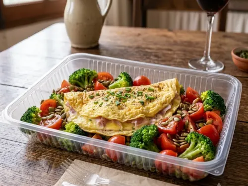 Omelette con queso y ensalada de tomate y brócoli